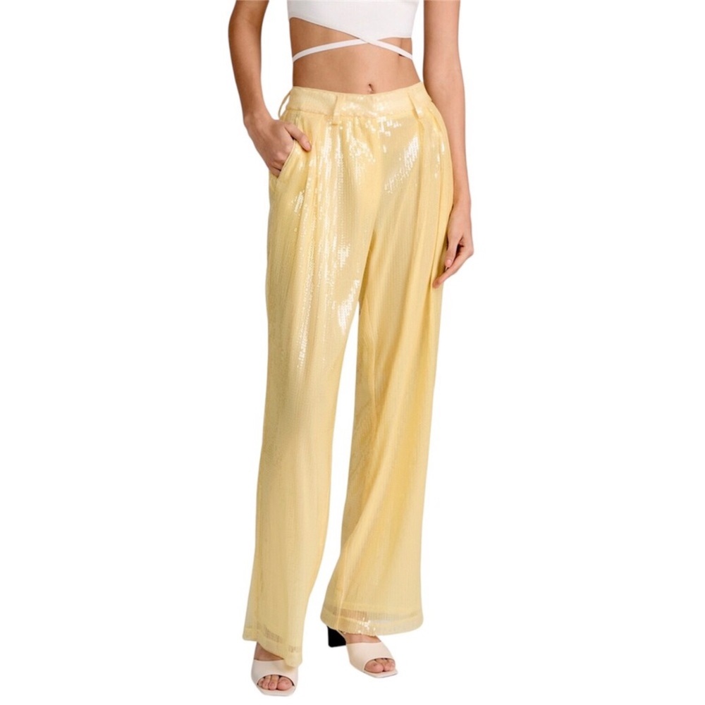 STAUD Wide Leg Pants Luisa Pleated Sequined High Rise Yellow Size 0